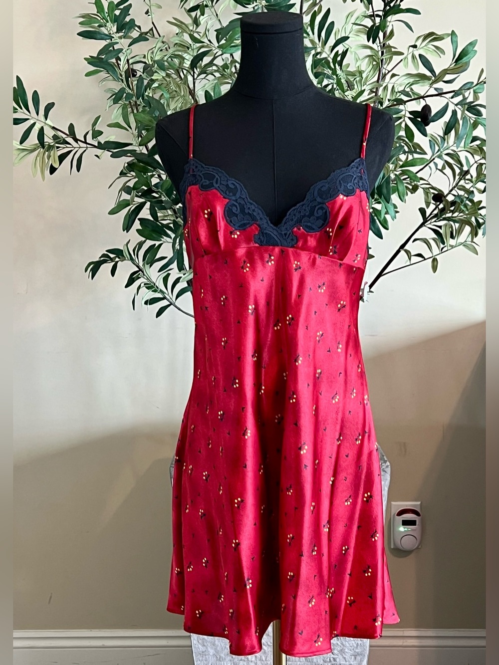 Natori Red Satin Slip with Navy Lace Trim